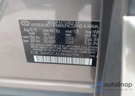 2019 Hyundai Santa Fe Se z USA, uszkodzony, nr VIN 5NMS2CAD3KH027394